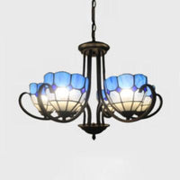 6/8 Lights Bowl Pendant Lighting Stained Glass Baroque Chandelier Light in Blue with Metal Chain - Rebooters