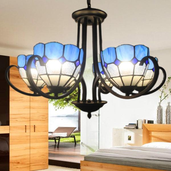 6/8 Lights Bowl Pendant Lighting Stained Glass Baroque Chandelier Light in Blue with Metal Chain - Rebooters