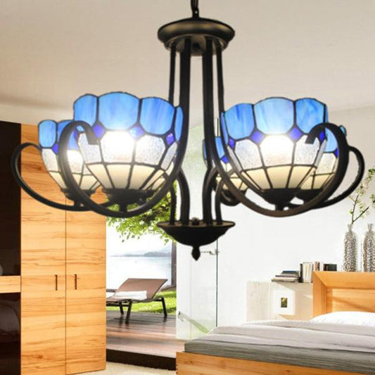 6/8 Lights Bowl Pendant Lighting Stained Glass Baroque Chandelier Light in Blue with Metal Chain - Rebooters