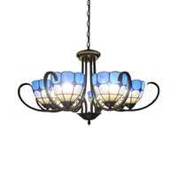 6/8 Lights Bowl Pendant Lighting Stained Glass Baroque Chandelier Light in Blue with Metal Chain - Rebooters