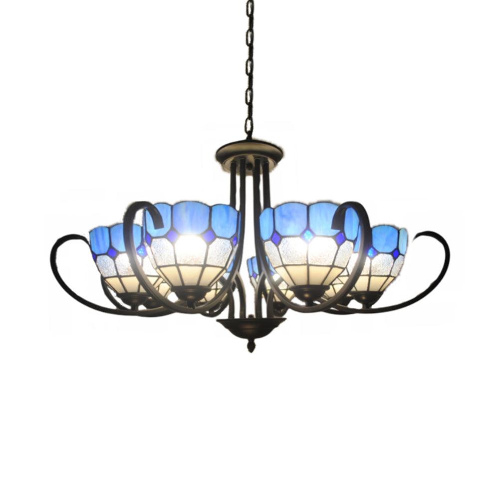 6/8 Lights Bowl Pendant Lighting Stained Glass Baroque Chandelier Light in Blue with Metal Chain - Rebooters