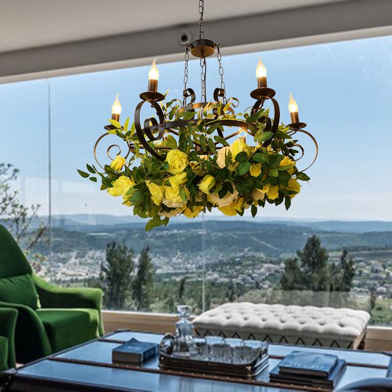 6 Bulbs Candle Pendant Chandelier Industrial Black Metal LED Suspension Lighting Fixture with Rose Decoration - Rebooters