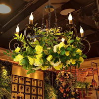 6 Bulbs Candle Pendant Chandelier Industrial Black Metal LED Suspension Lighting Fixture with Rose Decoration - Rebooters