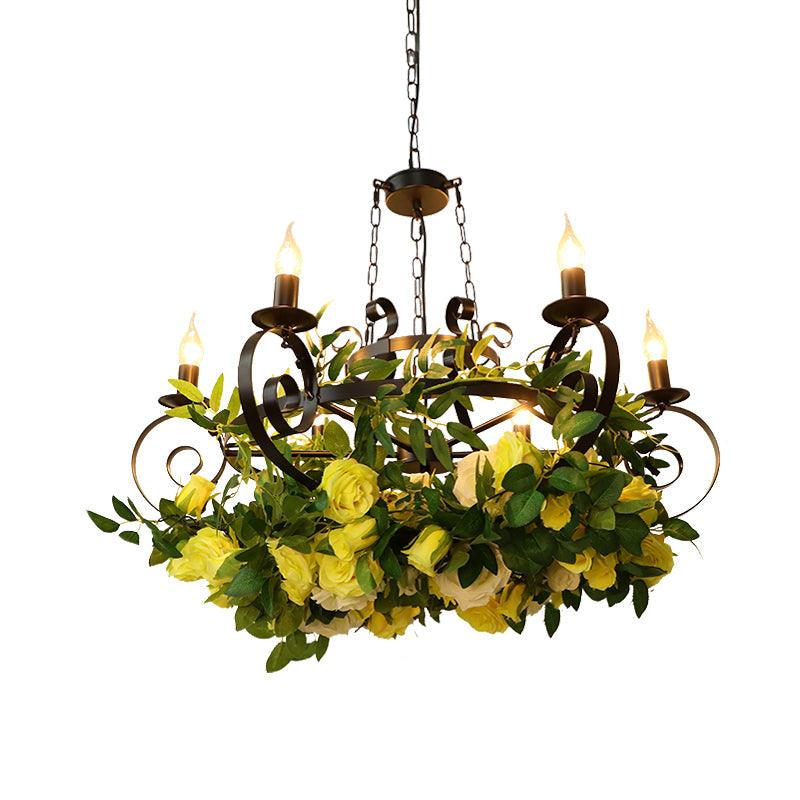 6 Bulbs Candle Pendant Chandelier Industrial Black Metal LED Suspension Lighting Fixture with Rose Decoration - Rebooters