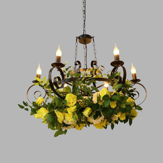 6 Bulbs Candle Pendant Chandelier Industrial Black Metal LED Suspension Lighting Fixture with Rose Decoration - Rebooters