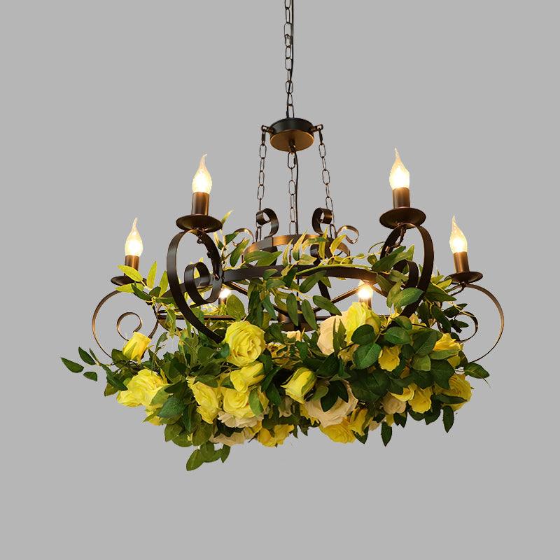 6 Bulbs Candle Pendant Chandelier Industrial Black Metal LED Suspension Lighting Fixture with Rose Decoration - Rebooters