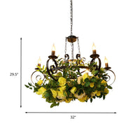 6 Bulbs Candle Pendant Chandelier Industrial Black Metal LED Suspension Lighting Fixture with Rose Decoration - Rebooters