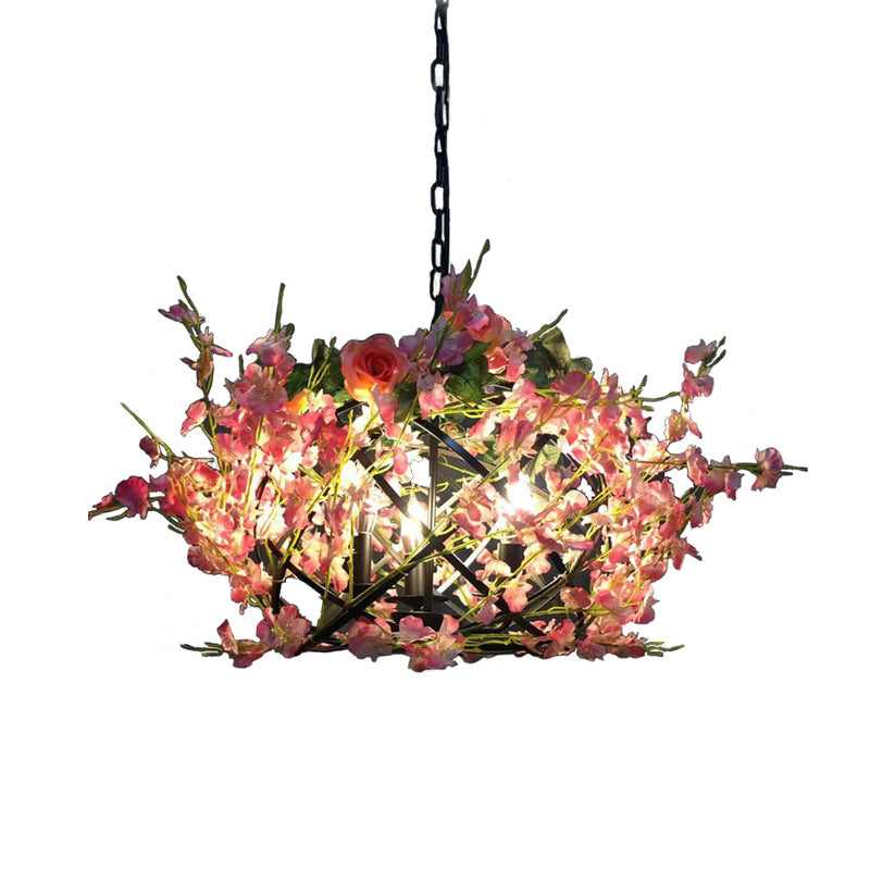 Metal Pink Flower Hanging Chandelier Candle 3 Bulbs Ceiling Light - Rebooters