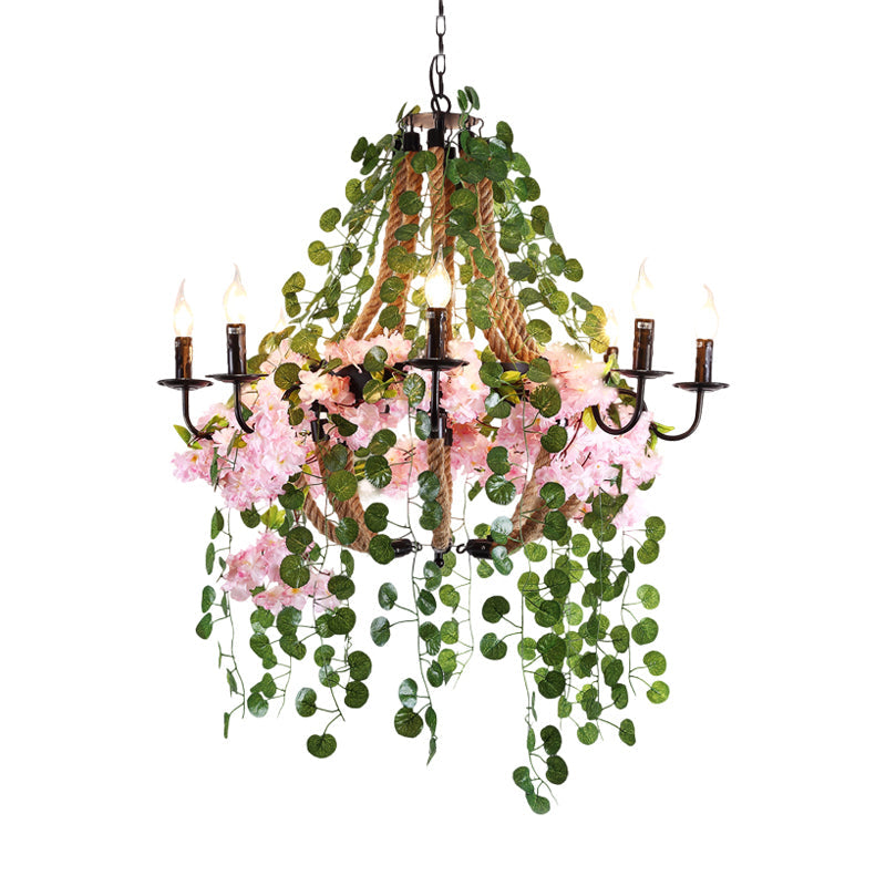 Candlestick Restaurant Chandelier Light Vintage Metal 8 Heads Pink Flower Pendant Lighting - Rebooters