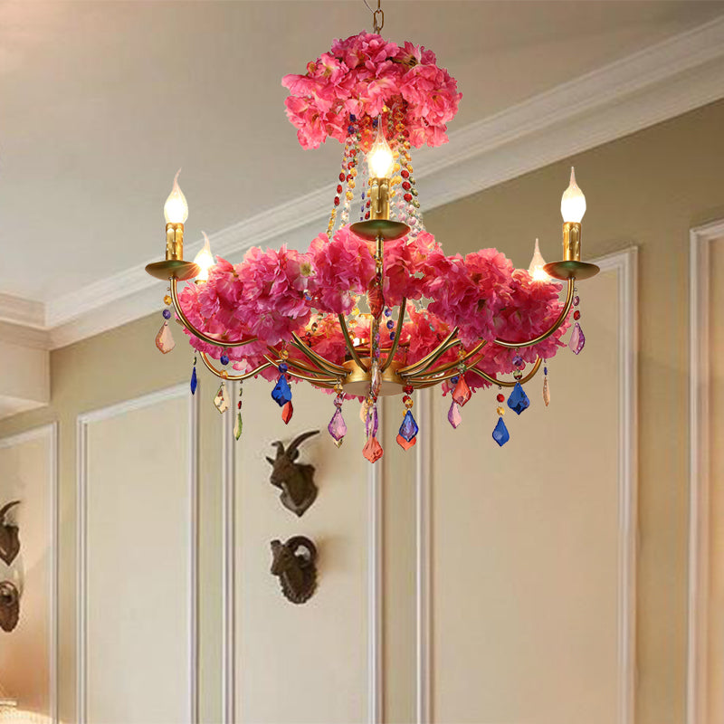 Metal Pink Flower Chandelier Lamp Candelabra 6 Bulbs Antique Ceiling Light - Rebooters