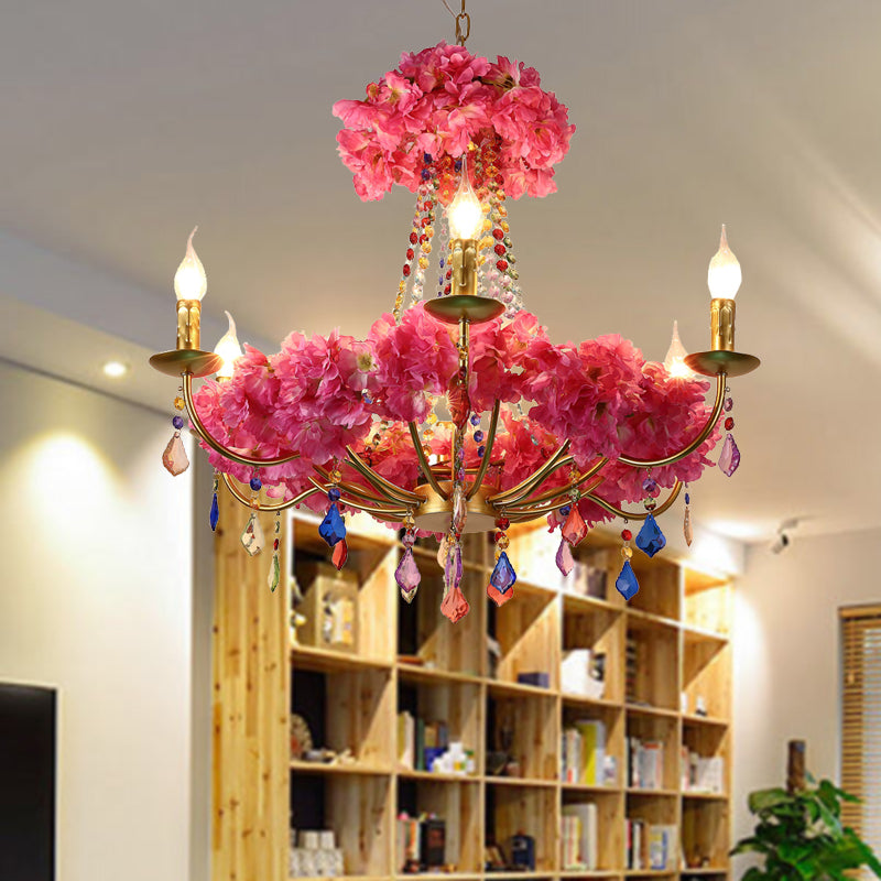 Metal Pink Flower Chandelier Lamp Candelabra 6 Bulbs Antique Ceiling Light - Rebooters