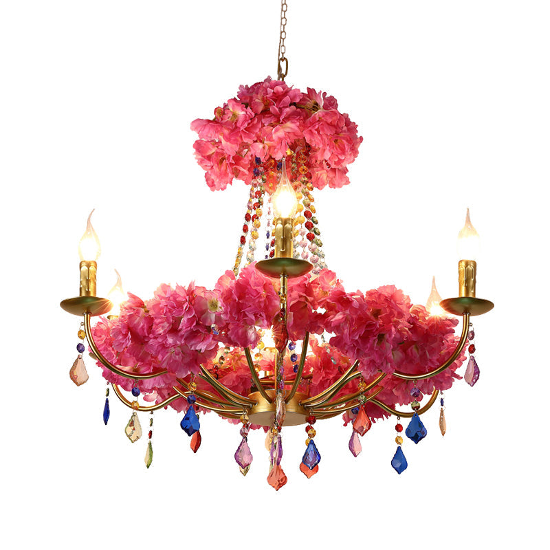 Metal Pink Flower Chandelier Lamp Candelabra 6 Bulbs Antique Ceiling Light - Rebooters