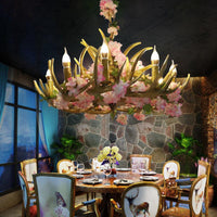Antler Resin Chandelier Lighting Industrial 12 Lights Restaurant LED Ceiling Lamp in Pink with Cherry Blossom - Rebooters