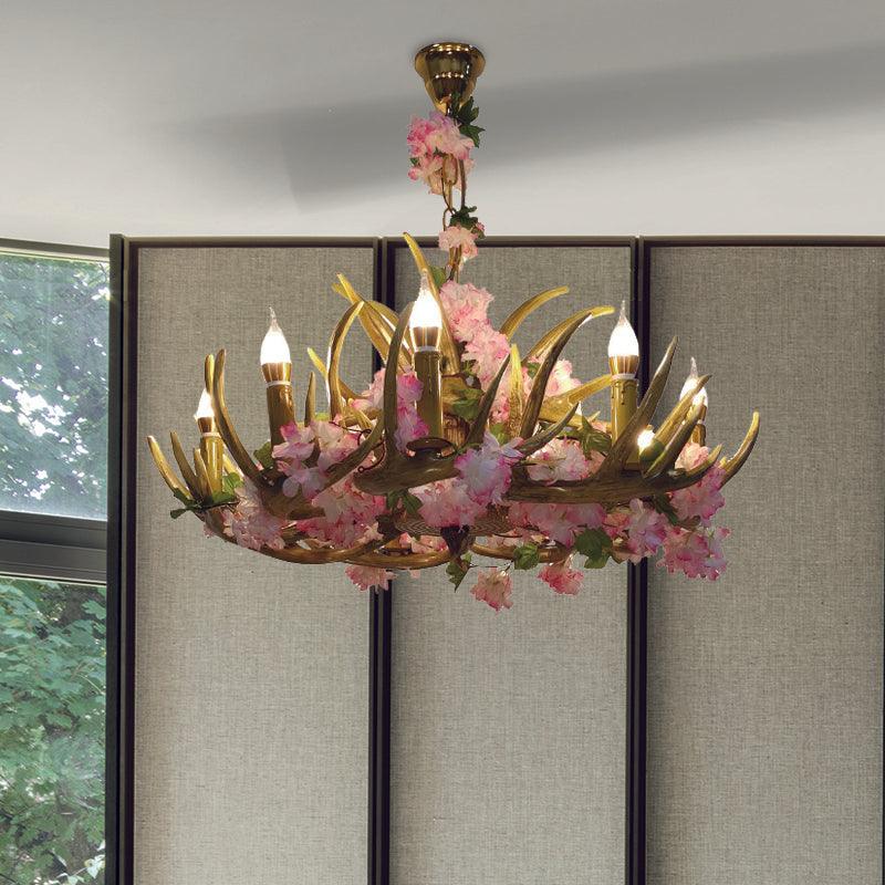 Antler Resin Chandelier Lighting Industrial 12 Lights Restaurant LED Ceiling Lamp in Pink with Cherry Blossom - Rebooters