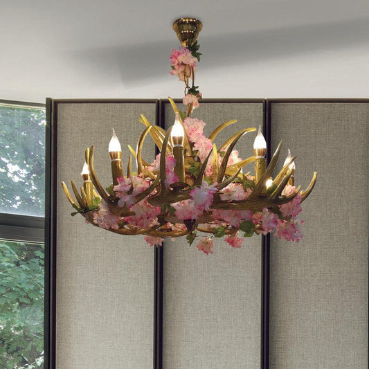 Antler Resin Chandelier Lighting Industrial 12 Lights Restaurant LED Ceiling Lamp in Pink with Cherry Blossom - Rebooters