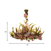 Antler Resin Chandelier Lighting Industrial 12 Lights Restaurant LED Ceiling Lamp in Pink with Cherry Blossom - Rebooters