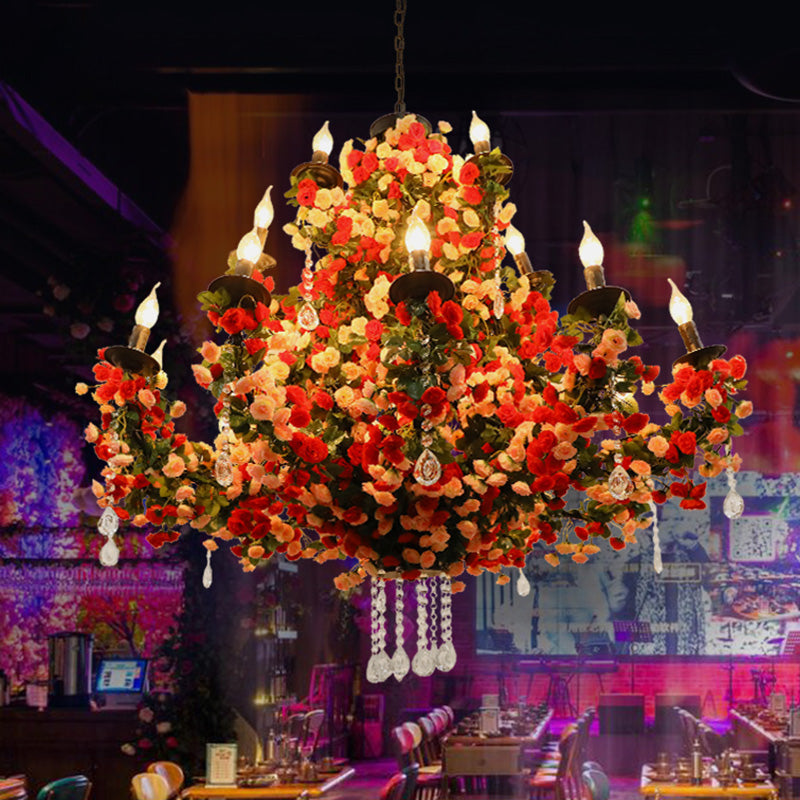 Candle Restaurant Flower Chandelier Light Industrial Metal 15 Bulbs Red LED Pendant Lighting - Rebooters