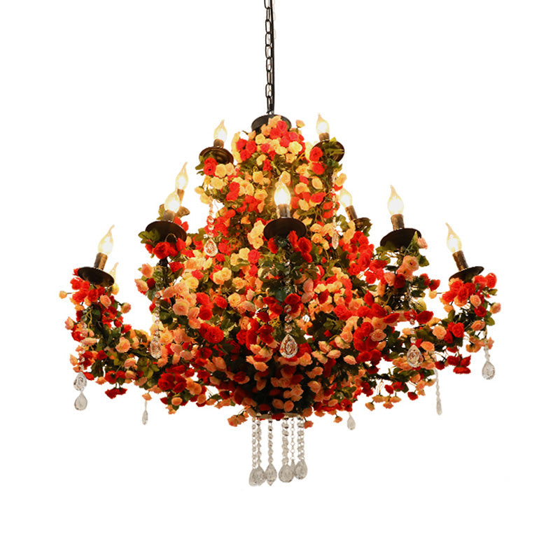 Candle Restaurant Flower Chandelier Light Industrial Metal 15 Bulbs Red LED Pendant Lighting - Rebooters