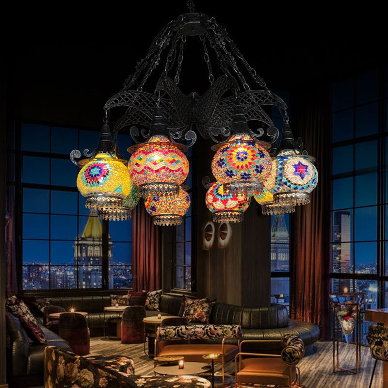 Stained Glass Black Hanging Chandelier Lantern 8 Bulbs - Rebooters