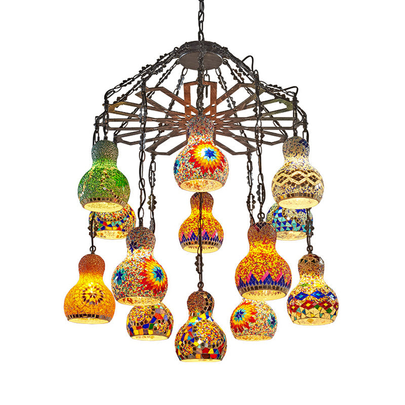 13 Lights Gourd Pendant Chandelier Bohemia Antique Black Stained Glass - Rebooters