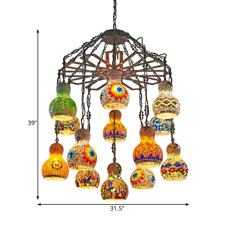 13 Lights Gourd Pendant Chandelier Bohemia Antique Black Stained Glass - Rebooters