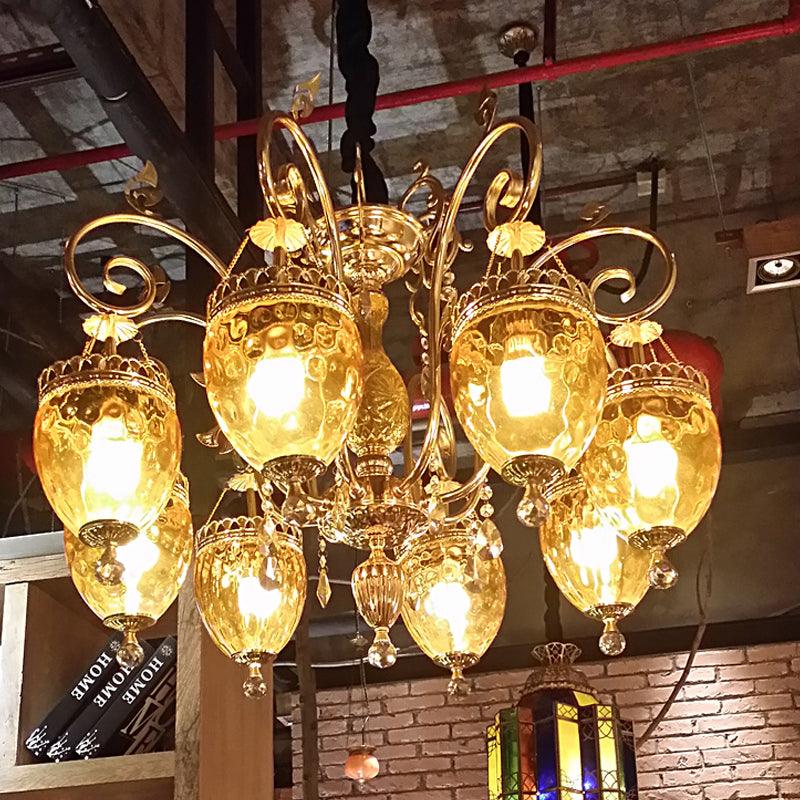 8 Bulbs Urn Pendant Chandelier Traditional Gold Dimpled Glass - Rebooters