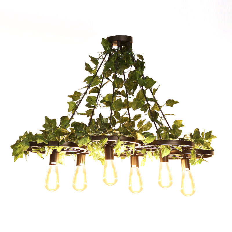 3/6 Heads Plant Ceiling Chandelier with Bare Bulb Metal Industrial LED Light in Green - Rebooters