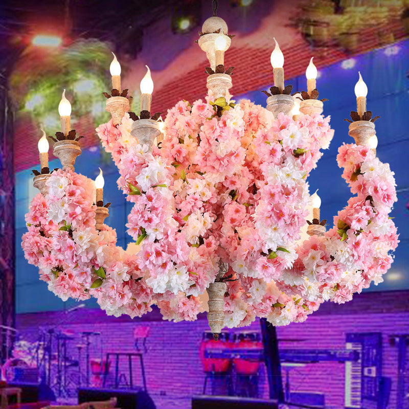 Candle Restaurant Chandelier Light Vintage Metal 15 Heads Pink Flower Pendant - Rebooters