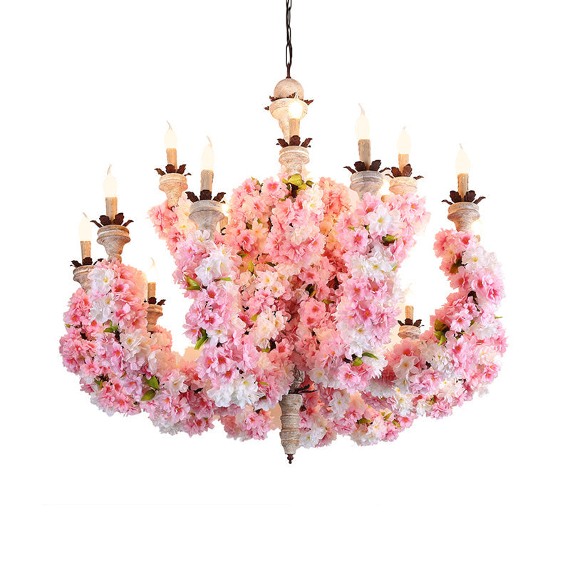 Candle Restaurant Chandelier Light Vintage Metal 15 Heads Pink Flower Pendant - Rebooters