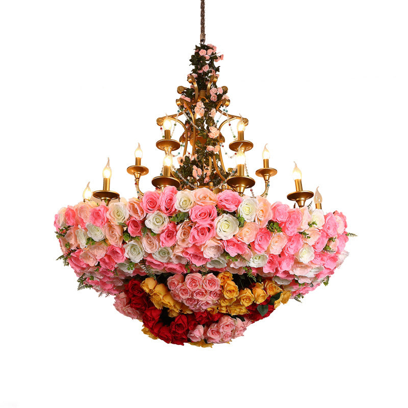 12 Lights Candle Chandelier Industrial Pink Flower Pendant Light - Rebooters