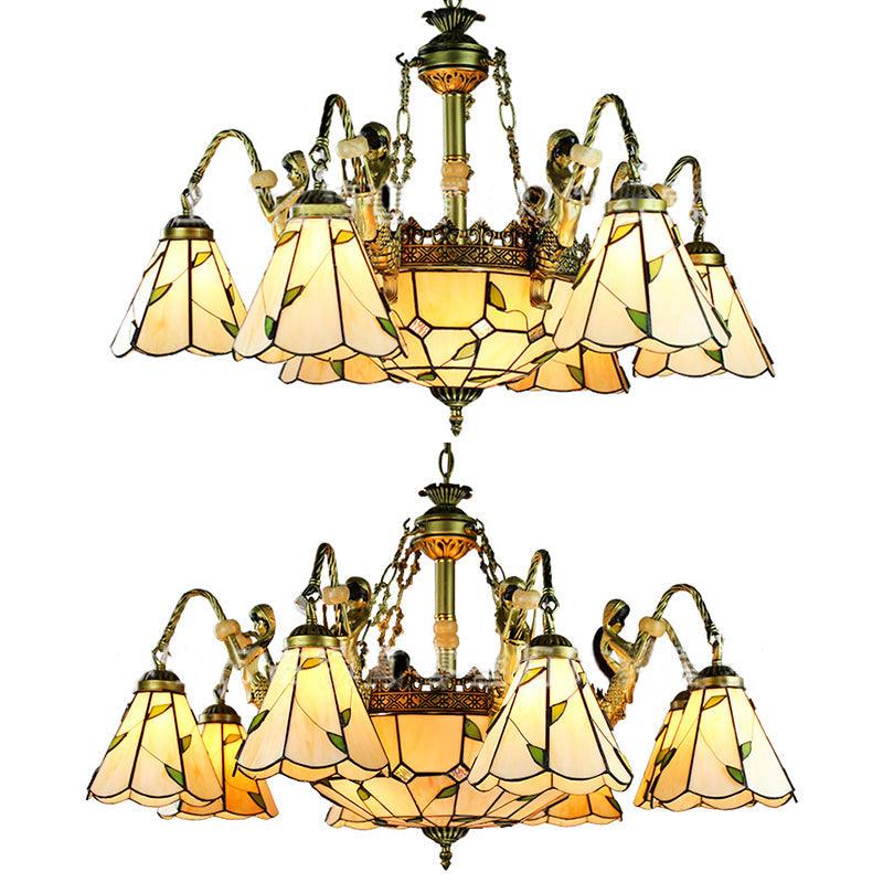 Beige 9/11 Lights Pendant Chandelier Tiffany Cut Glass Conical Hanging Light - Rebooters