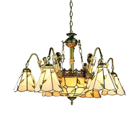 Beige 9/11 Lights Pendant Chandelier Tiffany Cut Glass Conical Hanging Light - Rebooters