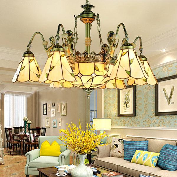 Beige 9/11 Lights Pendant Chandelier Tiffany Cut Glass Conical Hanging Light - Rebooters