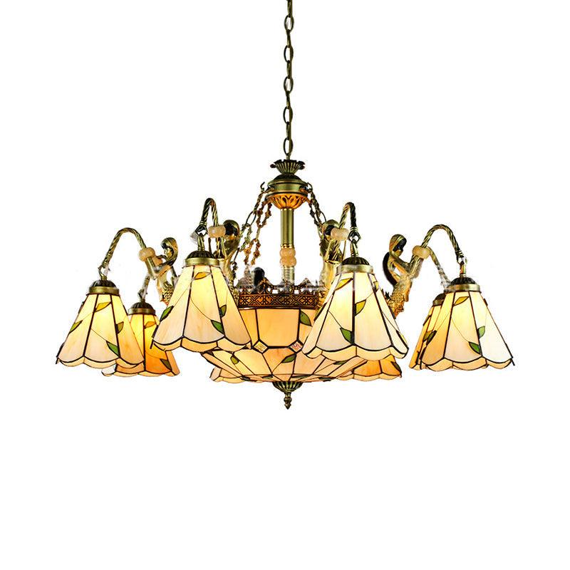 Beige 9/11 Lights Pendant Chandelier Tiffany Cut Glass Conical Hanging Light - Rebooters