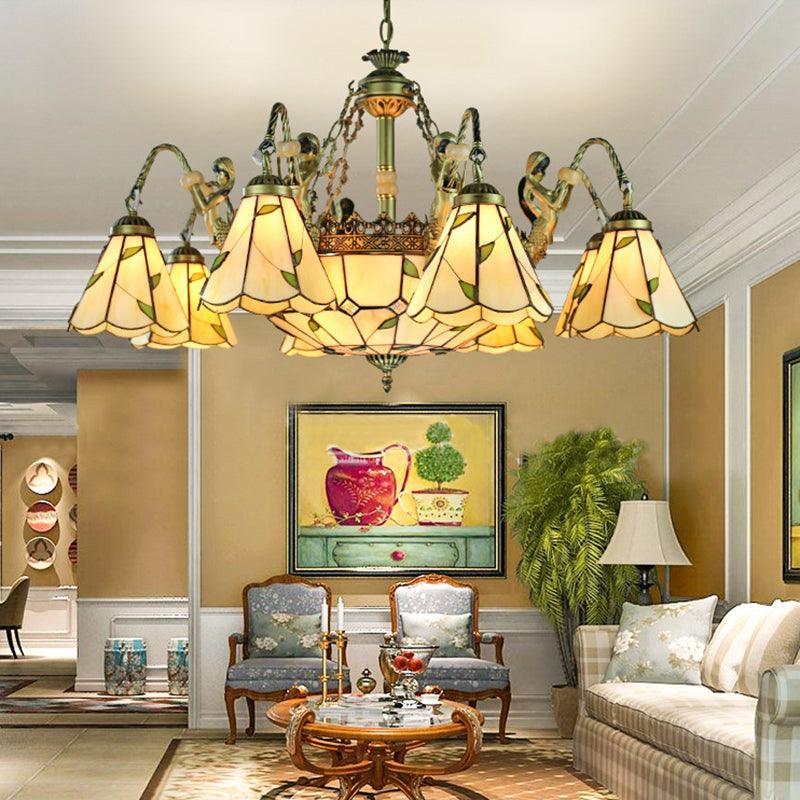Beige 9/11 Lights Pendant Chandelier Tiffany Cut Glass Conical Hanging Light - Rebooters
