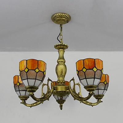 5 Lights Dome Suspension Light Adjustable Stained Glass Tiffany Chandelier Lamp for Foyer - Rebooters