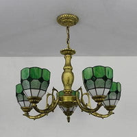 5 Lights Dome Suspension Light Adjustable Stained Glass Tiffany Chandelier Lamp for Foyer - Rebooters