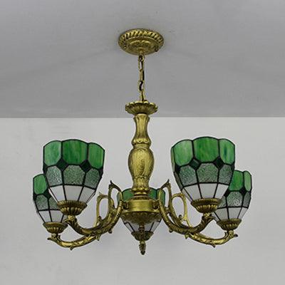 5 Lights Dome Suspension Light Adjustable Stained Glass Tiffany Chandelier Lamp for Foyer - Rebooters