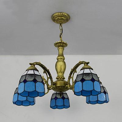5 Lights Dome Suspension Light Adjustable Stained Glass Tiffany Chandelier Lamp for Foyer - Rebooters