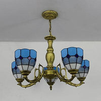 5 Lights Dome Suspension Light Adjustable Stained Glass Tiffany Chandelier Lamp for Foyer - Rebooters