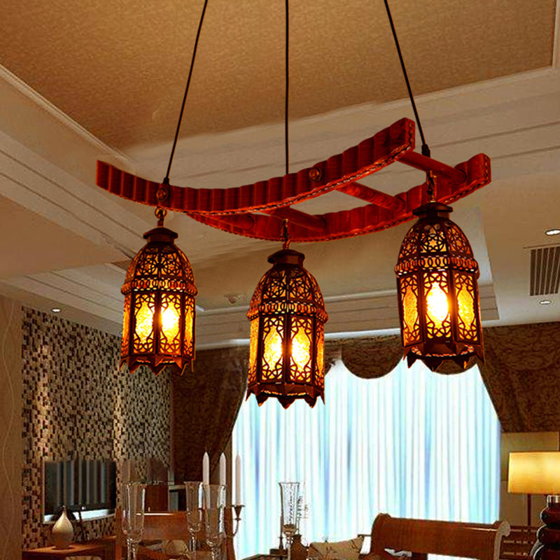 Wood Lantern Pendant Chandelier Arab Metal 3 Bulbs Lamp - Rebooters