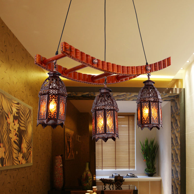 Wood Lantern Pendant Chandelier Arab Metal 3 Bulbs Lamp - Rebooters