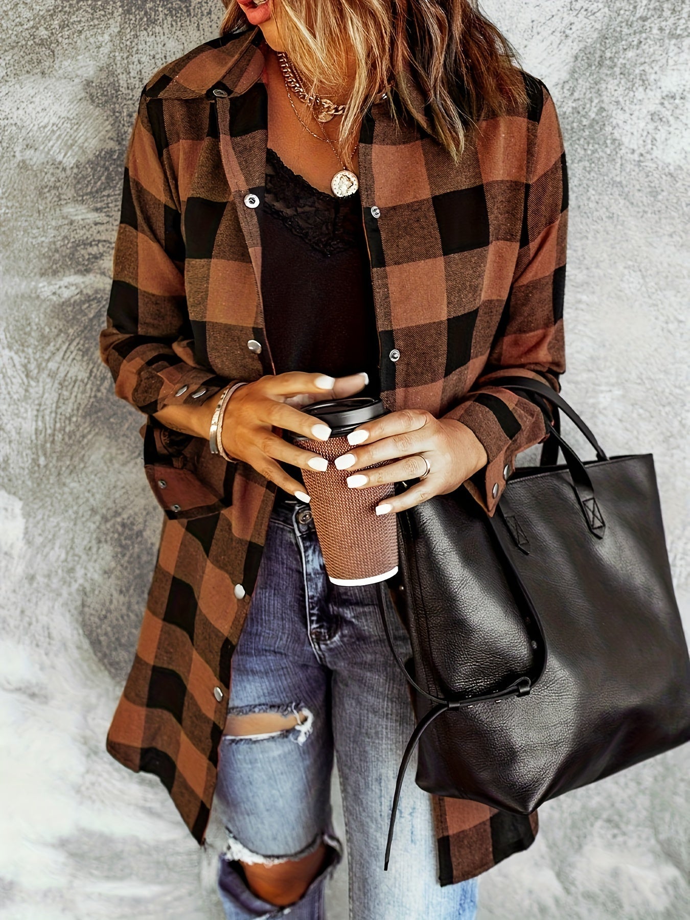 Plaid Button-Up Shirt Long Sleeves for Women - Cozy Style - Rebooters