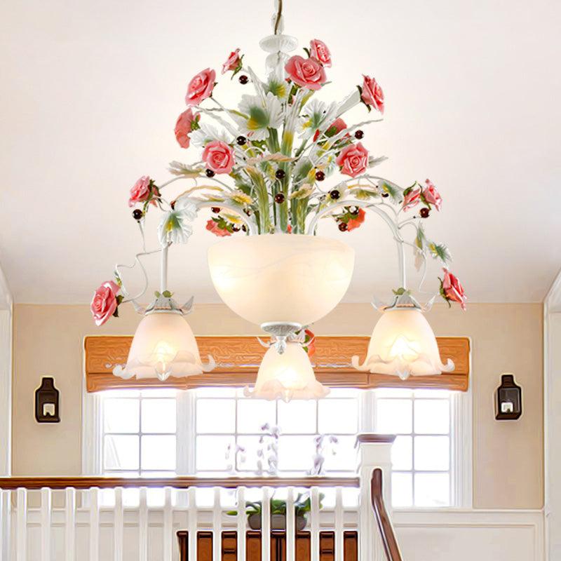 5-Head Ceiling Chandelier Countryside Flower Milk Glass Lamp - Rebooters