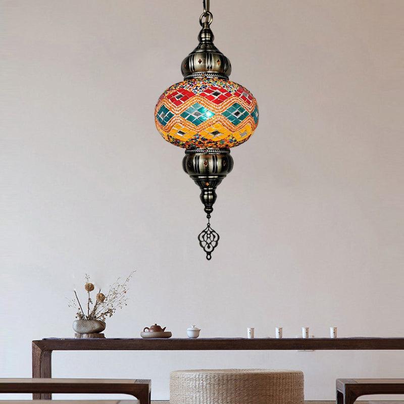 1 Head Cut Glass Ceiling Pendant Light Traditional Beige Yellow Blue Oval Dining Room Fixture | Rebooters - Rebooters