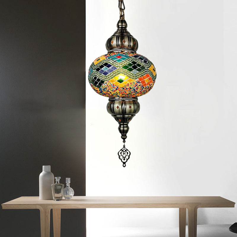 1 Head Cut Glass Ceiling Pendant Light Traditional Beige Yellow Blue Oval Dining Room Fixture | Rebooters - Rebooters