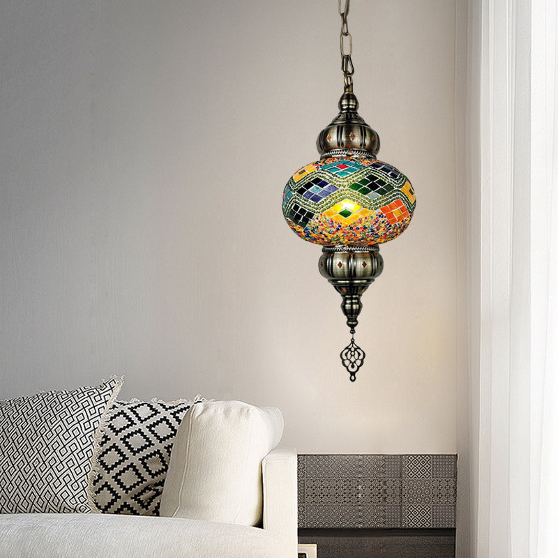 1 Head Cut Glass Ceiling Pendant Light Traditional Beige Yellow Blue Oval Dining Room Fixture | Rebooters - Rebooters