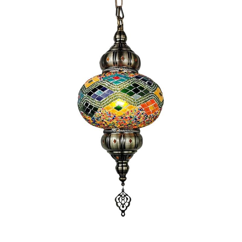 1 Head Cut Glass Ceiling Pendant Light Traditional Beige Yellow Blue Oval Dining Room Fixture | Rebooters - Rebooters