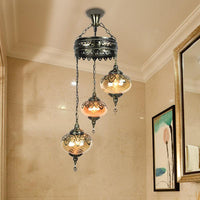 3/5 Heads Amber Swirl Glass Pendant Light Traditional Bronze Oval Living Room Chandelier - Rebooters