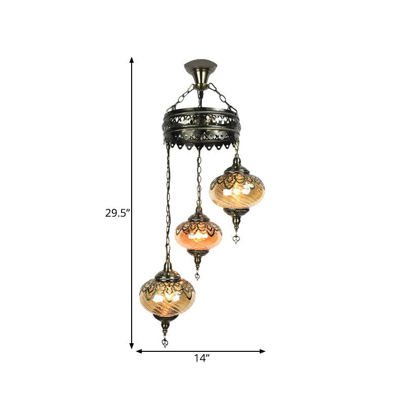 3/5 Heads Amber Swirl Glass Pendant Light Traditional Bronze Oval Living Room Chandelier - Rebooters